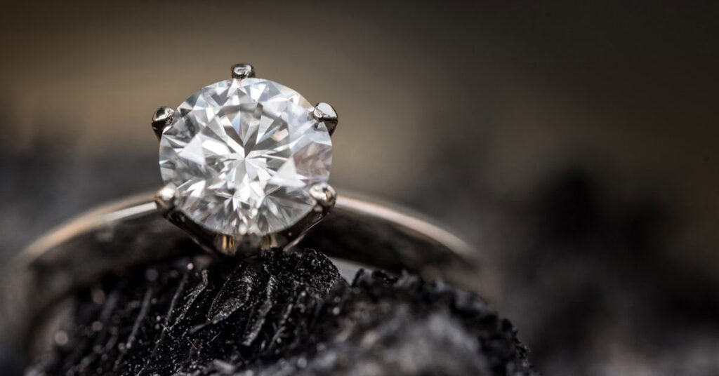 Brilliant diamond engagement ring with a round-cut center stone set in a platinum band, showcasing fine jewelry craftsmanship.