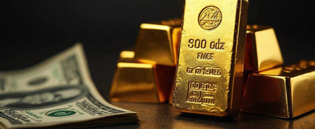 Fine gold bars and us dollar bills, symbolizing luxury jewelry and precious metals at david stern jewelers.