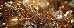 Gold jewelry, rings, bracelets, necklaces, sparkling gemstones, luxury accessories, fine jewelry collection, elegant gold and diamond pieces, jewelry shopping, David Stern Jewelers.