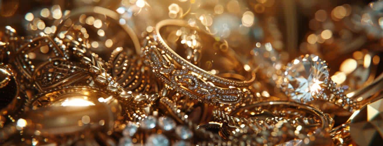 Gold jewelry, rings, bracelets, necklaces, sparkling gemstones, luxury accessories, fine jewelry collection, elegant gold and diamond pieces, jewelry shopping, david stern jewelers.