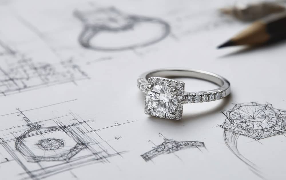 Finished halo diamond ring resting on its design sketches, an example of the custom jewelry process