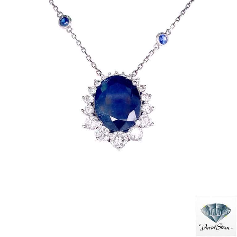8.70 CT 14mm x 11mm Oval Faceted Sapphire Couture Necklace in 14kt White Gold with Diamonds - Shop David Stern Jewelers