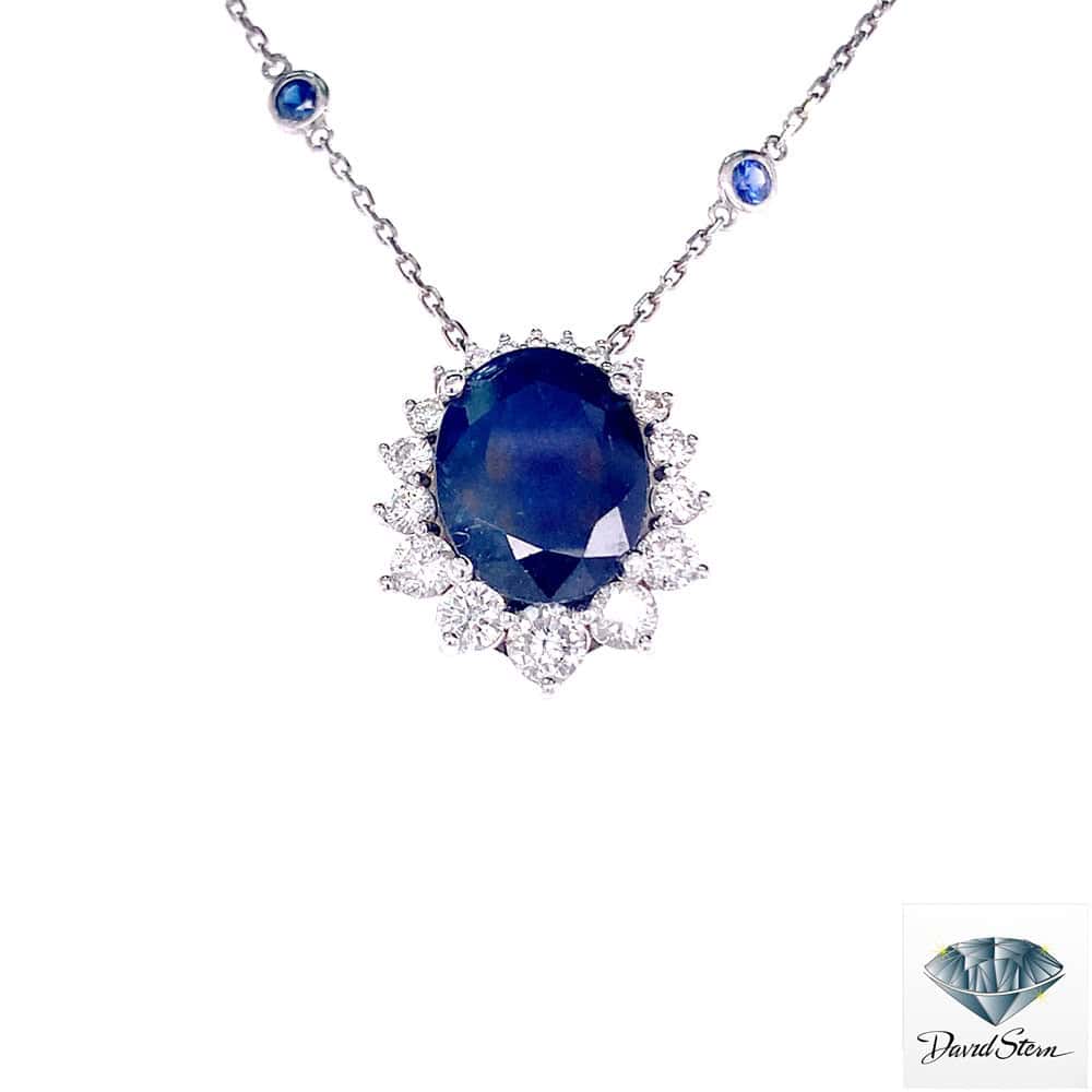 8.70 CT 14mm x 11mm Oval Faceted Sapphire Couture Necklace in 14kt White Gold with Diamonds - Shop David Stern Jewelers