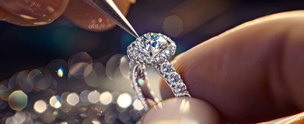 Luxurious diamond engagement ring being carefully set with precision jewelry tools, showcasing expert craftsmanship and high-quality sparkle.