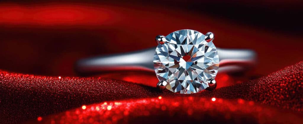 Brilliant diamond solitaire engagement ring displayed on a red glittering fabric background, showcasing fine jewelry craftsmanship from david stern jewelers.