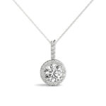 Elegant diamond pendant necklace with a sparkling round cut stone surrounded by smaller diamonds, perfect for wedding jewelry or special occasions.