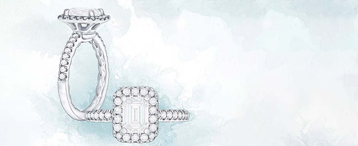 Elegant diamond engagement ring featuring a stunning emerald-cut center stone surrounded by a halo of smaller diamonds, crafted by david stern jewelers.