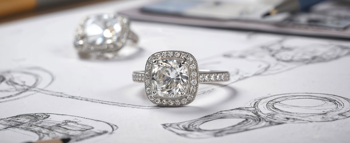 Luxurious diamond engagement ring with a cushion-cut center stone surrounded by a halo of smaller diamonds, crafted in white gold or platinum, displayed on jewelry design sketches at david stern jewelers.