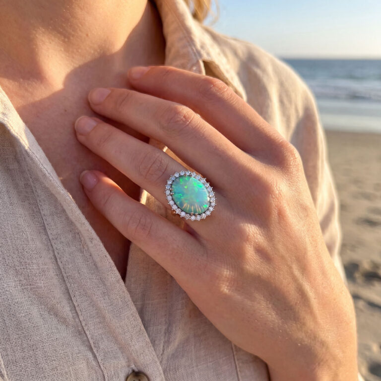 4.00 CT Oval Opal Cabochon Couture Ring in 14kt White Gold and 14kt Yellow Gold David Stern Jewelers Boca Raton