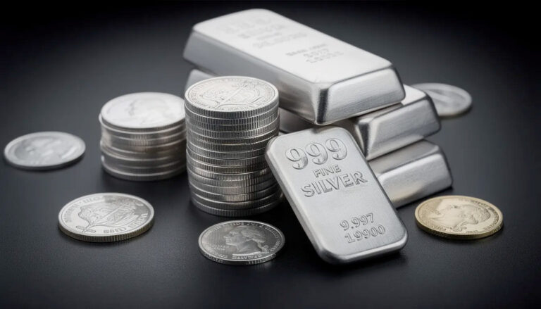 Stacked silver coins and bars, including silver bullion and coins, on a dark background, representing precious metal investment and jewelry.