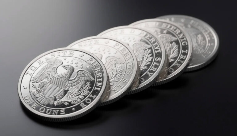 Close-up of silver coins, showcasing their detailed designs, available for buying and selling at David Stern Jewelers in Boca Raton.