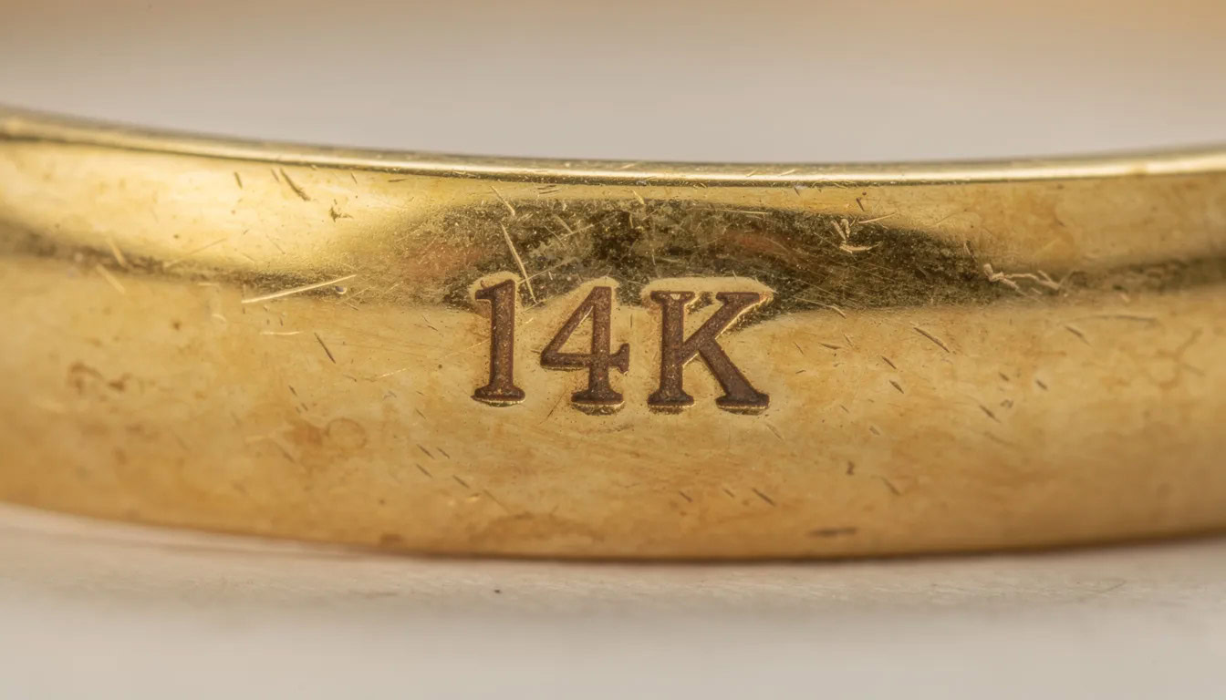 A 14K stamp inside a gold band, which sets its gold price per gram