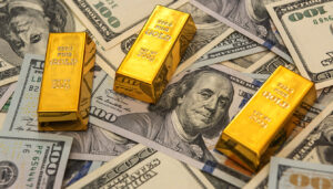 Gold bars and US dollar bills arranged on a surface, representing cash for gold jewelry at David Stern Jewelers.