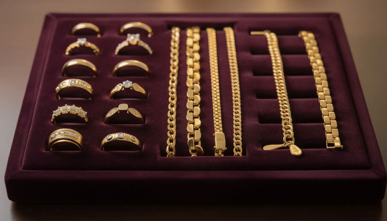 Tray of gold rings and gold chains from our diamond and gold jewelry collection