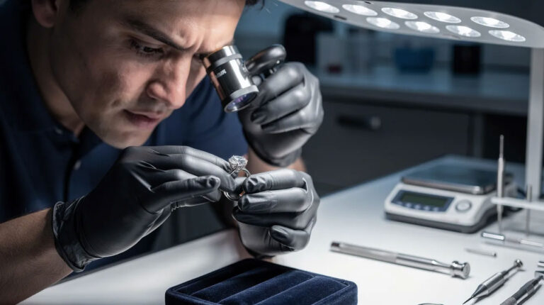 Jeweler examining a diamond with a loupe in a professional setting at David Stern Jewelers.