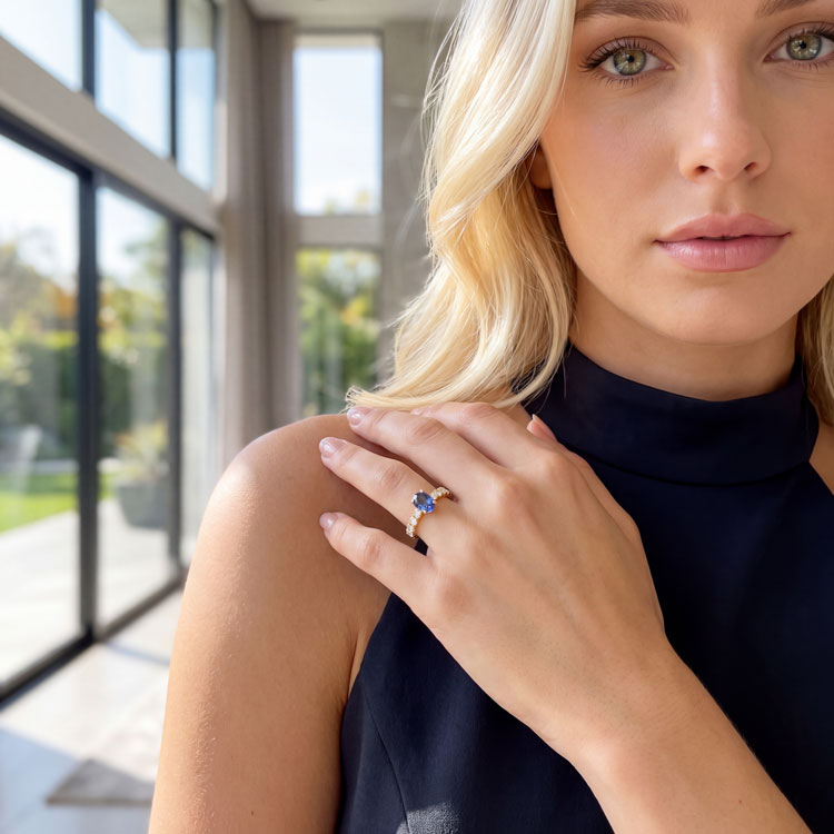 Crafted by David Stern, this multistone ring centers on a 0.55-carat oval tanzanite set in 18kt yellow gold. The vibrant centerpiece is complemented by 0.50 carats of natural diamonds lining the 3.5-gram yellow gold band.