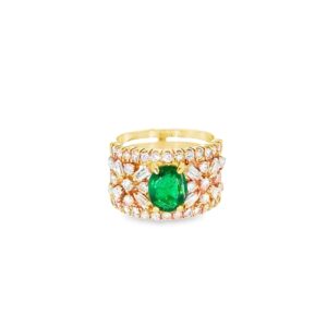 Emerald cocktail ring seen head on: a 1.00 ct oval emerald in a wide band of round and baguette diamonds in 18kt yellow gold