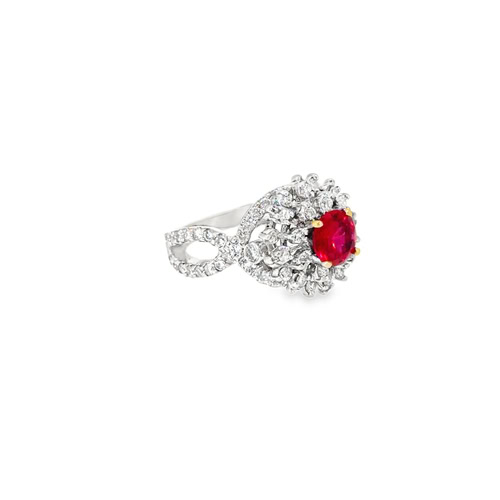 The ruby and diamond cocktail ring from the other side, showing the open loops of the shank