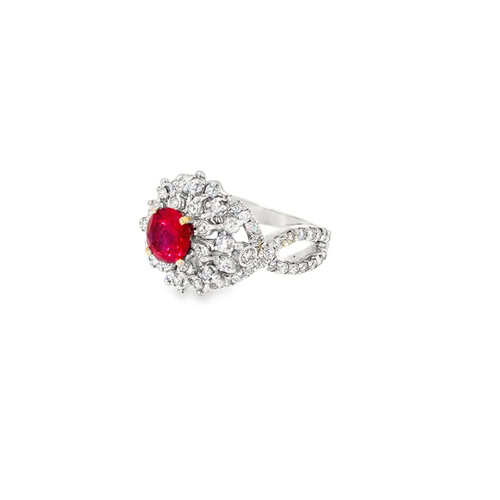 Side view of the lab grown ruby cocktail ring, showing the raised halo and the split diamond-set shoulders