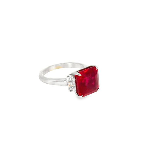 The lab grown ruby solitaire ring from the other side, showing the slim white gold band