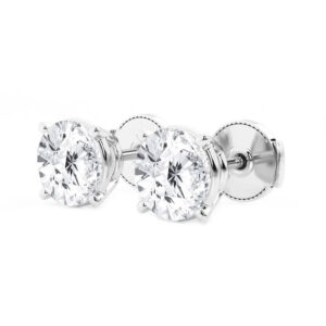 Side view of the white gold diamond studs showing the four-prong baskets and screw-style backs