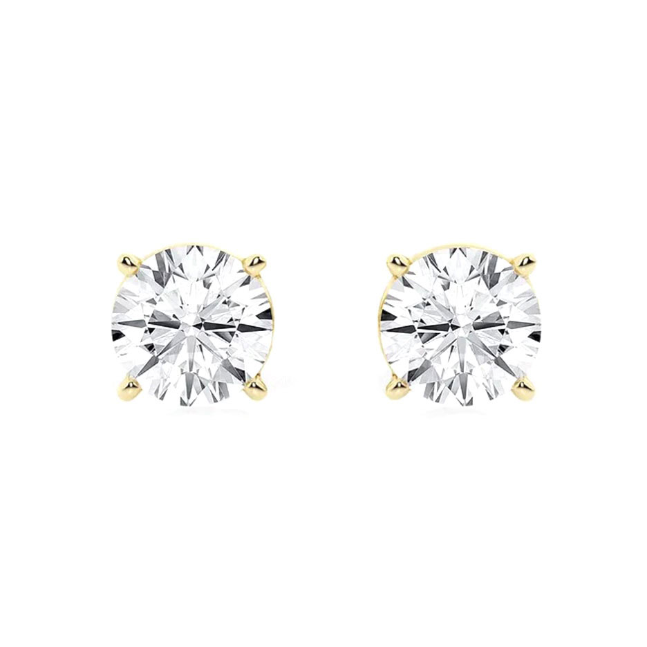 10 carat yellow gold studs: two 5.00 ct round brilliant lab-grown diamonds in 14kt yellow gold four-prong settings