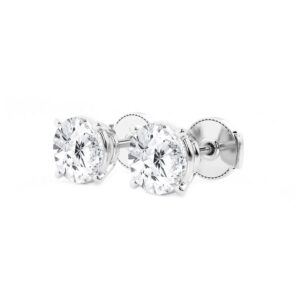 Side view of the white gold lab grown studs showing the four-prong baskets and screw-style backs