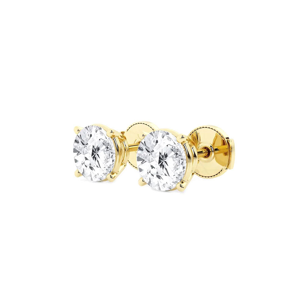 Side view of the 14kt yellow gold lab grown earrings showing the four-prong baskets and screw-style backs