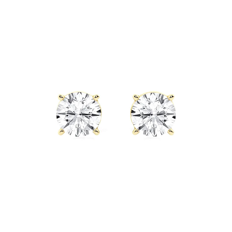 6 carat yellow gold studs: two 3.00 ct round brilliant lab-grown diamonds in 14kt yellow gold four-prong settings