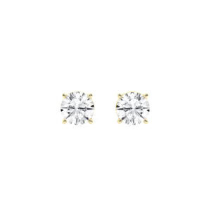 4 carat lab grown diamond studs: two 2.00 ct round brilliant diamonds in 14kt yellow gold four-prong settings