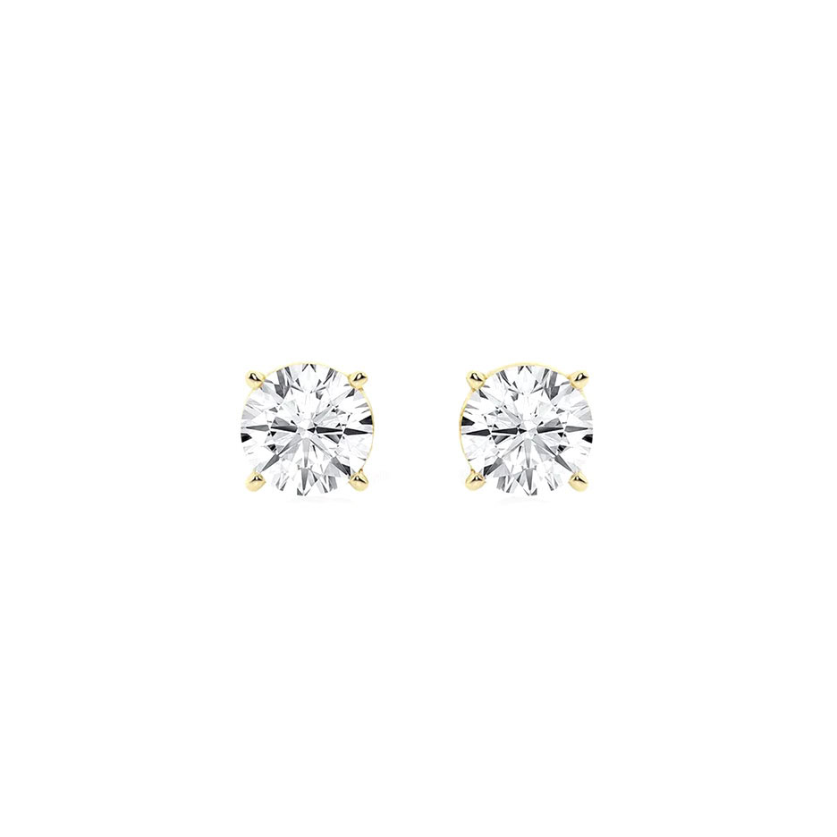 4 carat lab grown diamond studs: two 2.00 ct round brilliant diamonds in 14kt yellow gold four-prong settings
