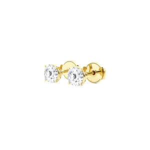 Side view of the yellow gold four prong studs showing the basket setting and screw-style backs