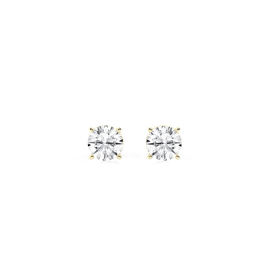 2 carat yellow gold studs: two 1.00 ct round brilliant lab-grown diamonds in 14kt yellow gold four-prong settings