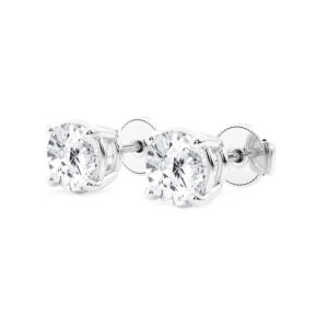Side view of the white gold lab diamond earrings showing the four-prong baskets and screw-style backs