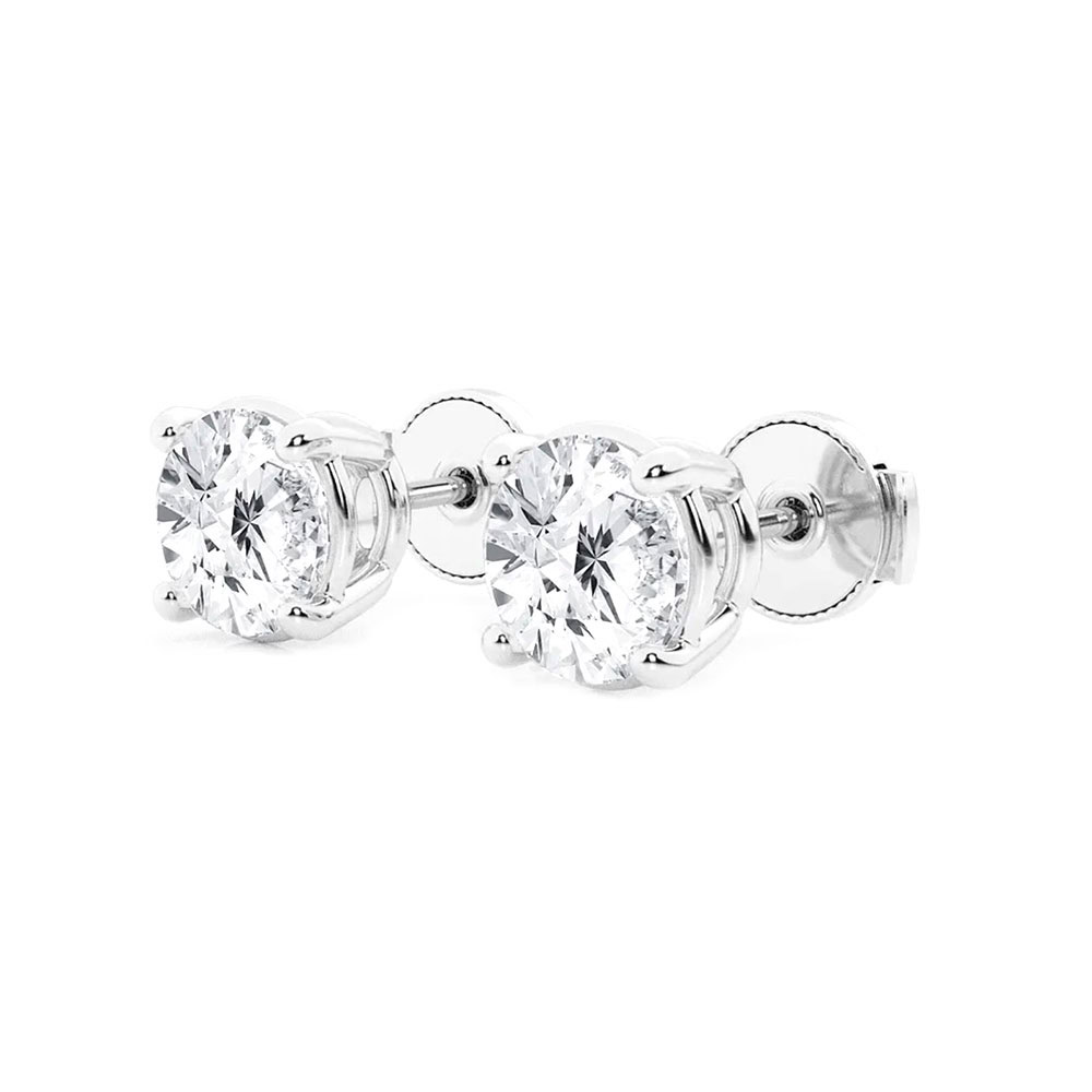 Side view of the white gold lab diamond earrings showing the four-prong baskets and screw-style backs