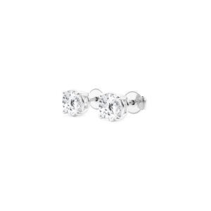 Side view of the white gold four prong studs showing the basket setting and screw-style backs