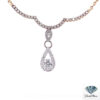 Diamond teardrop necklace: pave open teardrop with a round center diamond below a scalloped diamond row, 14kt yellow gold