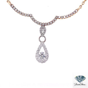 Diamond teardrop necklace: pave open teardrop with a round center diamond below a scalloped diamond row, 14kt yellow gold