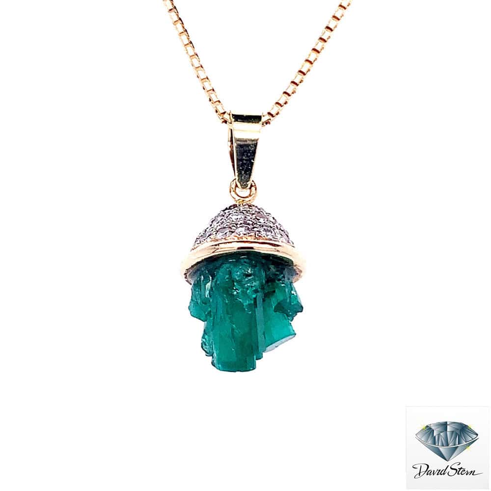 Chatham emerald necklace: uncut lab-created emerald crystal cluster under a pave diamond cap in 14kt yellow gold