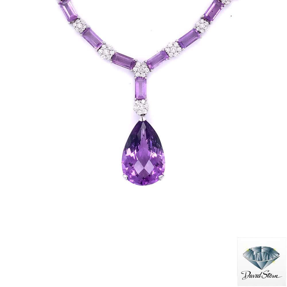 Amethyst necklace: 25 CT pear amethyst with baguette amethysts and round diamonds in 18kt white gold