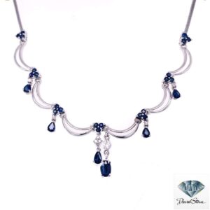 Pear sapphire necklace: white gold festoon with round sapphire clusters, pear sapphire drops and diamond accents