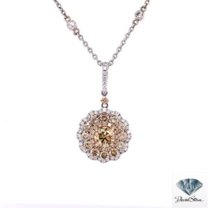 Champagne diamond necklace: round brown diamond cluster with a scalloped white diamond halo in 14kt white gold