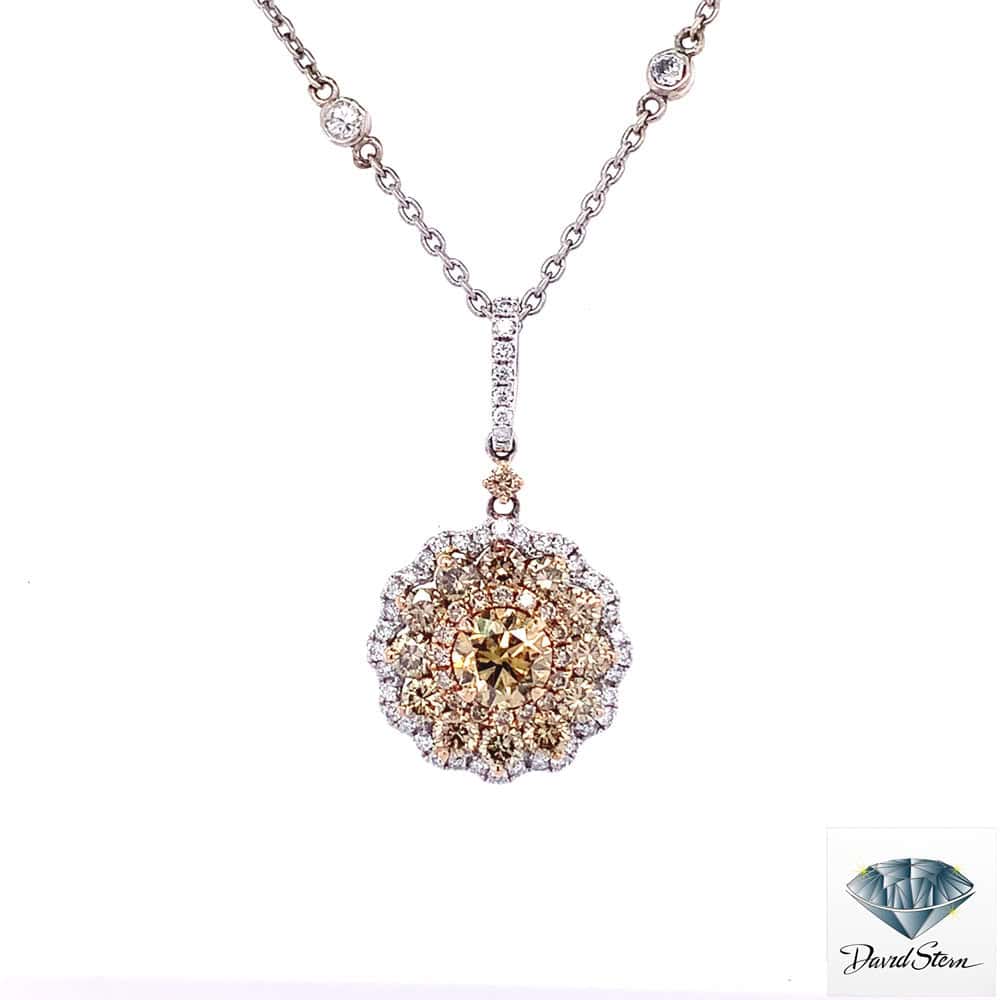 Champagne diamond necklace: round brown diamond cluster with a scalloped white diamond halo in 14kt white gold