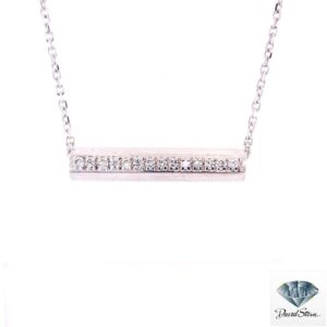 Diamond bar necklace: fourteen round diamonds across a horizontal 14kt white gold bar on a fine chain