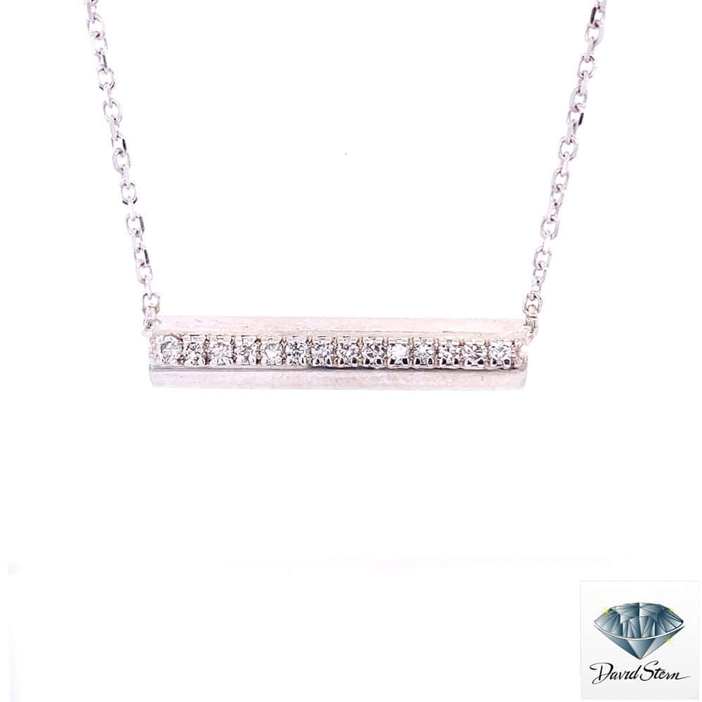 Diamond bar necklace: fourteen round diamonds across a horizontal 14kt white gold bar on a fine chain