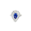 Sapphire ballerina ring: 1.81 CT pear sapphire framed by tapered baguette diamonds in 18kt white gold