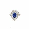 Sapphire ballerina ring: 1.81 CT pear sapphire framed by tapered baguette diamonds in 18kt white gold
