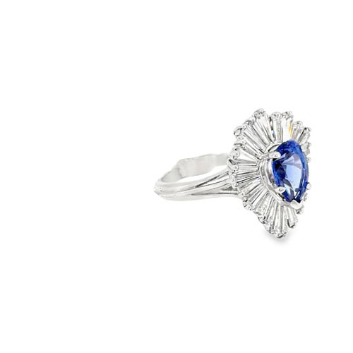 Other side of the pear sapphire ballerina ring showing the raised gallery and 18kt white gold split shank