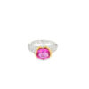 Pink ruby ring: a 2.25 ct oval pink ruby set east to west in a 14kt yellow gold bezel on a pave diamond platinum band