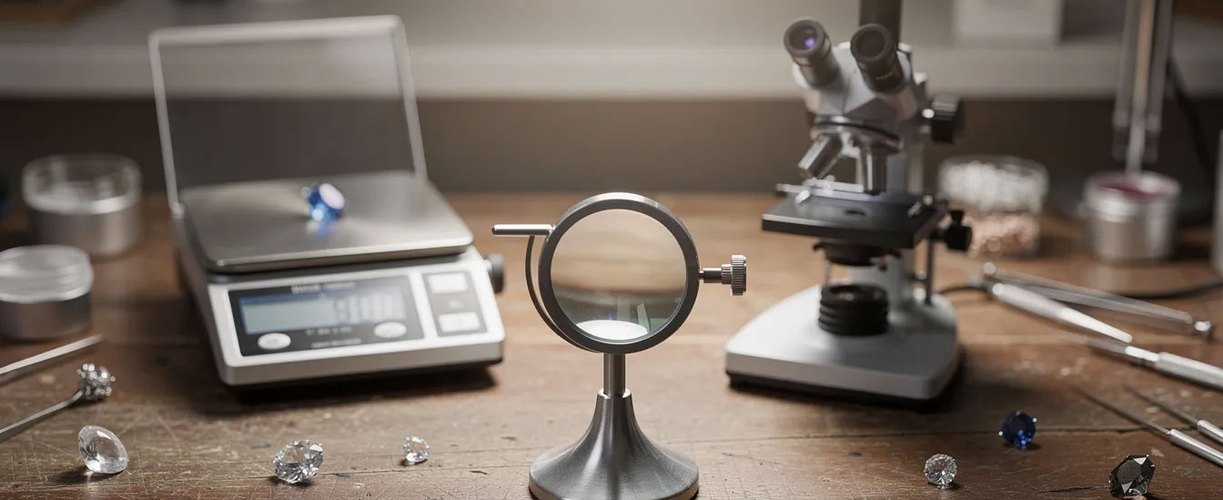 Scale, loupe and microscope used to check stones before they are set in custom jewelry in Boca Raton